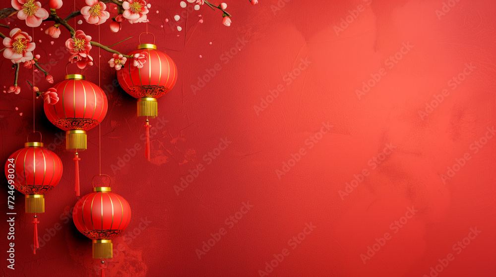 AI-generated illustration of Asian lanterns on a red background for New Year's celebration
