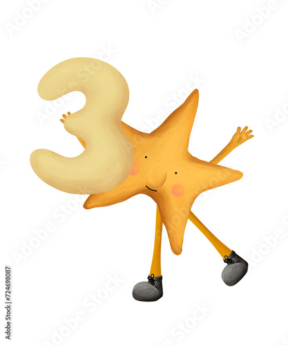 Bright numbers. Cute star with number 3. Illustration for kids on white background