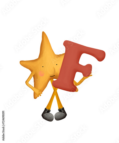 Bright cartoon alphabet. Cute and funny star with letter F. Illustration for kids on white background