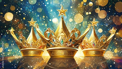 Three gold shiny crowns on festive background. Three Kings day or Epiphany day holiday celebration night background