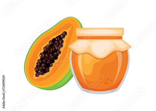 Papaya jam in glass jar and fresh papaya fruit vector illustration. Glass of papaya spread design element. Papaya jam jar icon set isolated on a white background