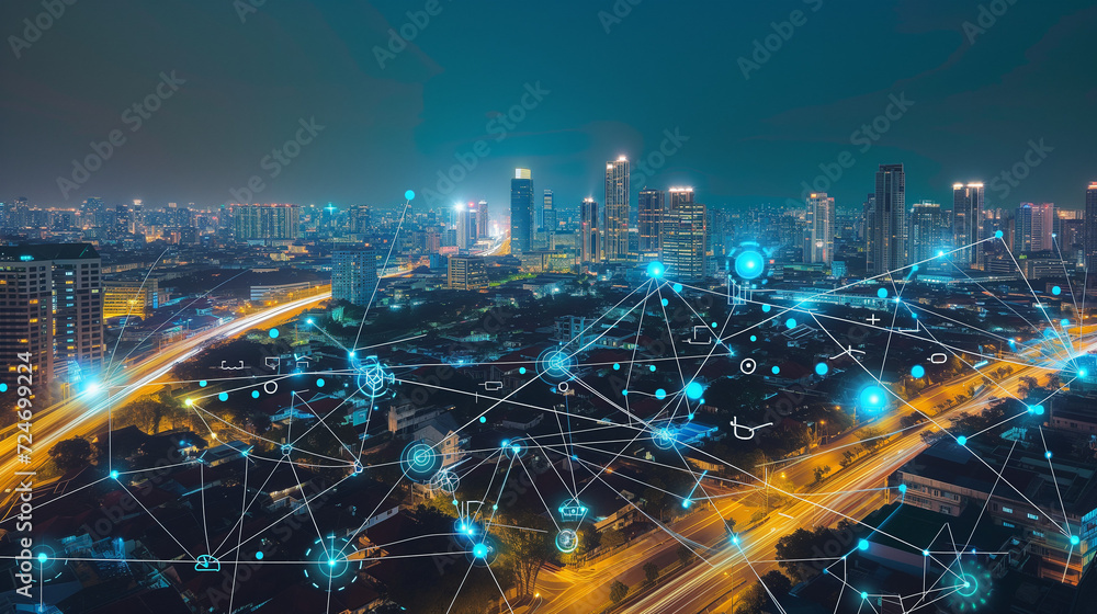 Futuristic Smart City Network with Illuminated Connected Homes at Night - Concept for Internet of Things and Technology Innovation in Urban Areas