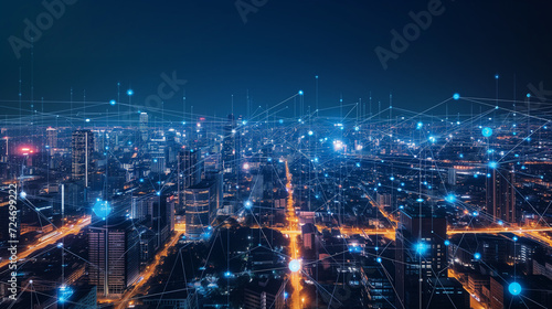Futuristic Smart City Network with Illuminated Connected Homes at Night - Concept for Internet of Things and Technology Innovation in Urban Areas