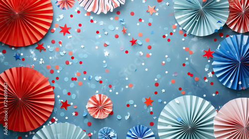4th of July American Independence Day. Happy Independence Day. Red  blue and white star confetti  paper decorations on light blue background. Flat lay  top view  copy space - AI Generated