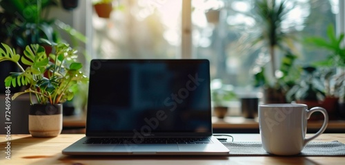 Elevated view of a laptop with a curved display near an empty white mug for added elegance.