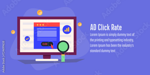 Ad click rate,  Cost per click, Click through rate, CTR, Digital advertising, Website advertising, vector illustration banner.