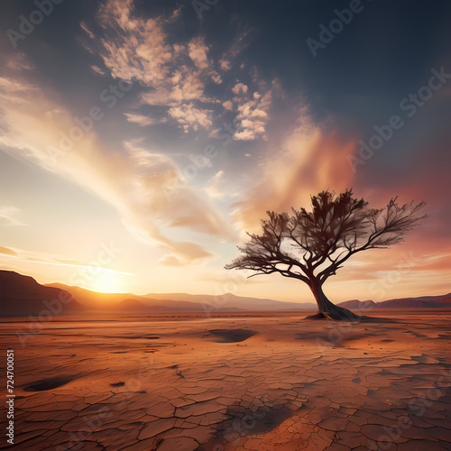A lone tree in a vast desert landscape during sunset
