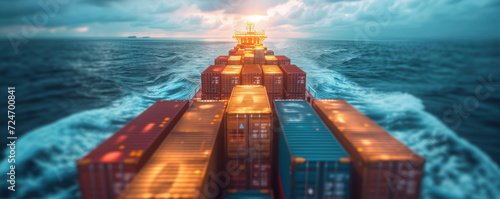 Container vessel with cargo sailing on the ocean. Shipment of goods, logistics concept.