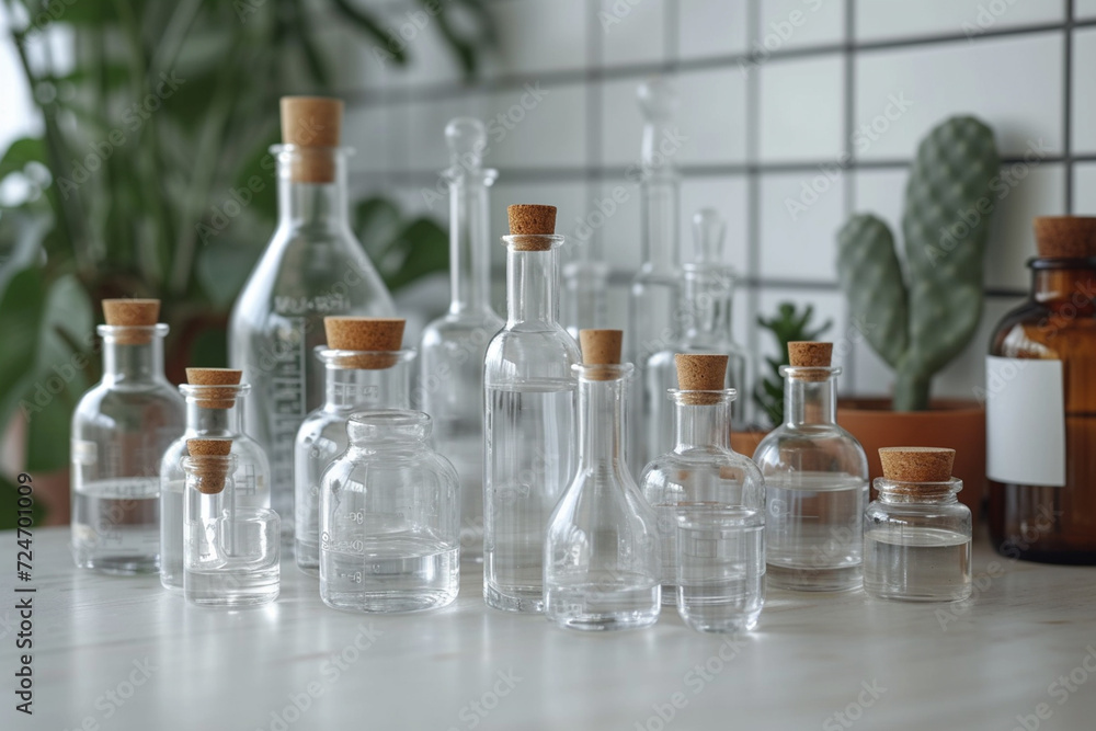 set of empty laboratory glassware on blue background set of empty laboratory glassware on blue background
