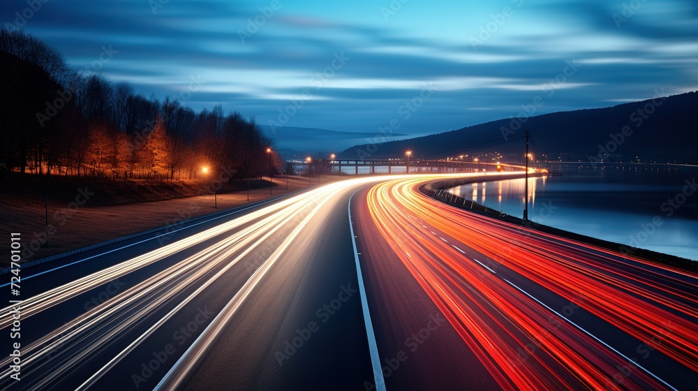 Long exposure of a road with light trails of passing vehicles at night