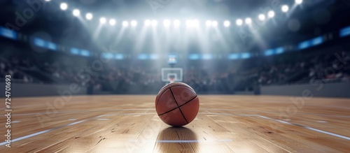 Close up of basketball on arena stadium court floor with spotlights. AI generated images photo