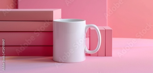 White mug with empty canvas on a table, unique perspective, surrounded by pink books.