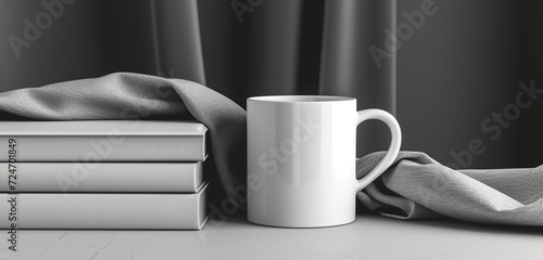White mug with empty canvas on a table, unique angle, grayscale books.