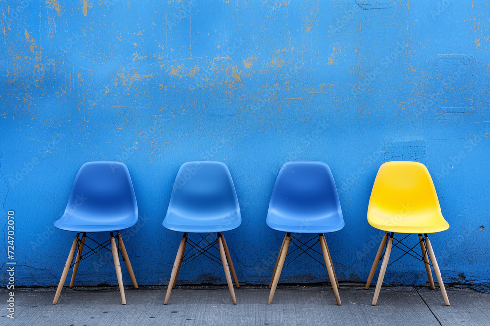 © Dinusha - chairs in a row. The bold yellow chair stands out, symbolizing unique talent amidst blue conformity. best candidate concept. © Dinusha - chairs in a row. The bold yellow chair stands out, symbolizing unique talent amidst blue conformity. best candidate concept.
