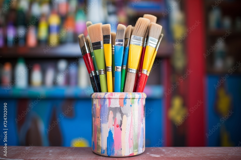 colorful paint brushes in a pot on a shelf colorful paint brushes in a pot on a shelf