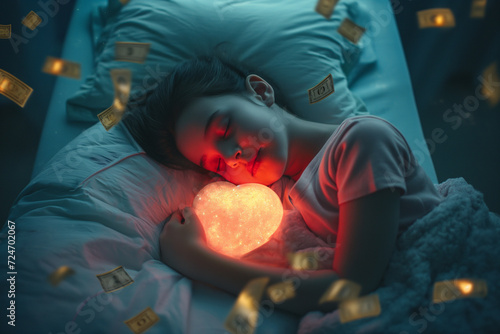A child awaiting heart transplantation, sleeping on the hospital bed with a glowing toy heart. hope for life or dream for life concept.  photo