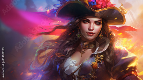 A mighty female pirate in rainbow colors, halloween motive 