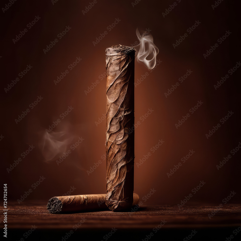 Cigars smoulder and smoke on a dark background. - obrazy, fototapety, plakaty 