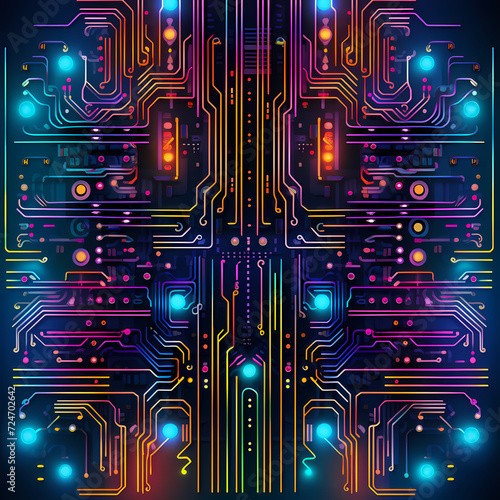 Abstract digital circuit board in neon colors.