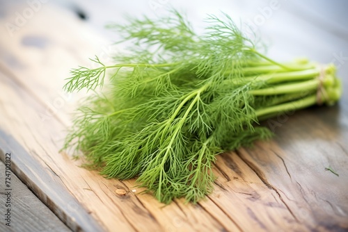 a bunch of dill on a rustic wood slab
