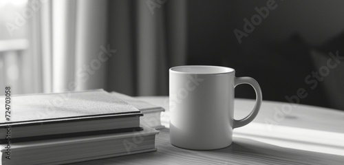 Empty white mug on a table with grayscale books, bird's eye angle.