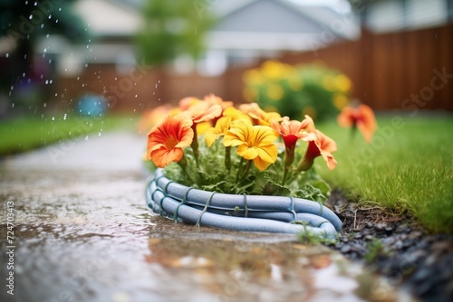 water oozes from a soaker hose in a flower bed photo
