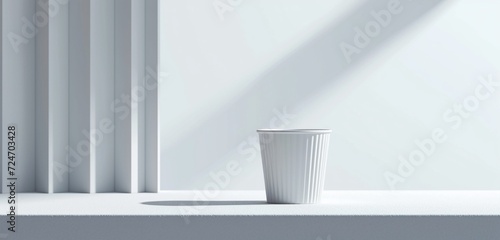 Barcode-inspired empty white cup in a minimalist environment, blending form and emptiness. White cup.