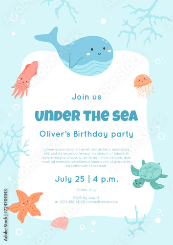 Invitation template to a children's birthday party. Under the sea vector illustration. Border of aquatic animals and bubbles on blue background. Cute whale, squid, jellyfish, starfish and turtle.