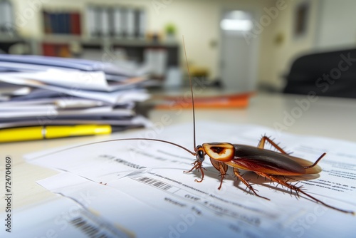 cockroach scurrying across an office desk with papers photo