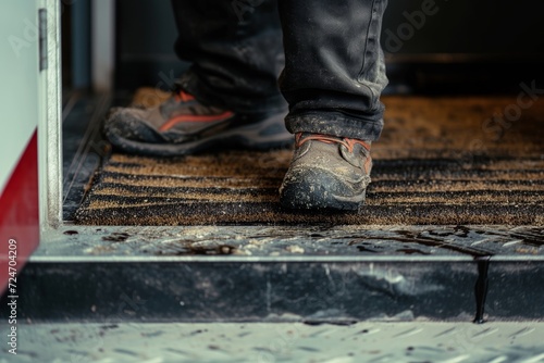 worker stepping on a greasy doormat