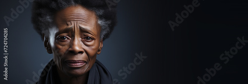 African sad senior woman crying, black background photo