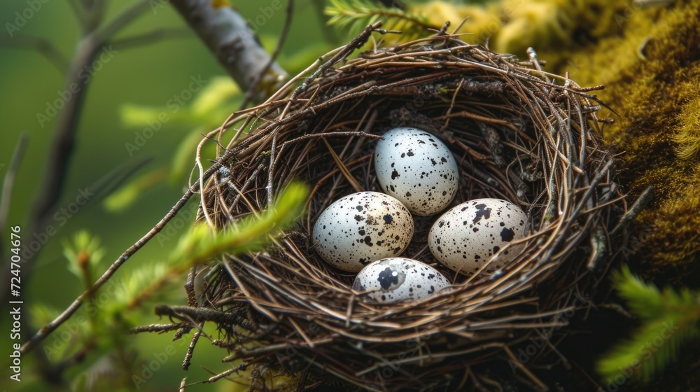 Speckled Bird Eggs Nestled in Natural Nest Speckled Bird Eggs Nestled in Natural Nest