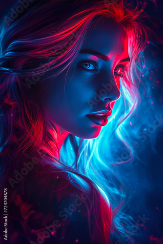 Enchanting Woman Amidst Crimson and Azure Brilliance © Andrii 