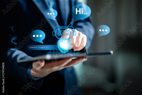 Women using chatbot applications on smartphones, AI, Chat Artificial Intelligence assistant conversation online support marketing, AI generates machine robot automation, Futuristic technology.