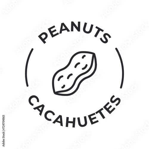 Simple Isolated Vector Logo Badge Ingredient Warning Label. Allergens icons. Food Intolerance Peanuts. Written in Spanish and English
