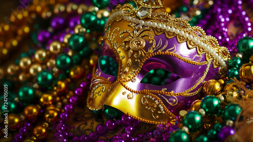 Mardi Gras carnival mask and beads on purple background © VetalStock