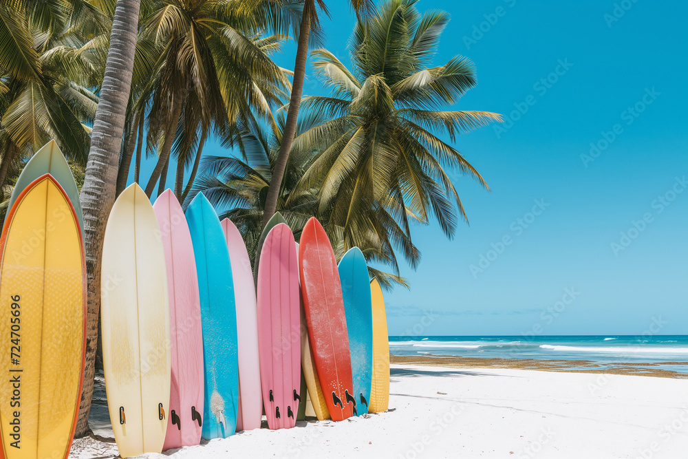 Colorful Surfboards on Sandy Beach , Tropical Coastal Paradise