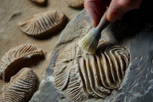 individual polishing a trilobite fossil with a soft brush photo