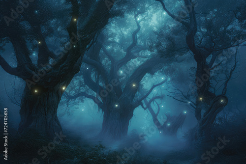 Glowing Whispers: Eerie Nightfall in the Mystic Woodland © Andrii 