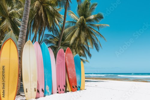 Colorful Surfboards on Sandy Beach   Tropical Coastal Paradise