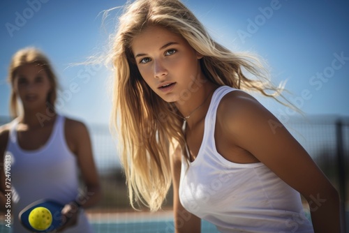 blonde teenager playing pickle ball. generative ai photo