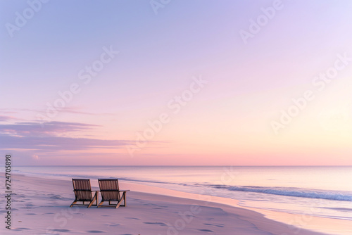 Serenity at Sunset  Beach Landscape with Empty Chairs