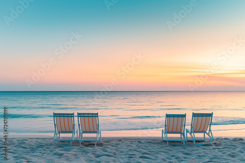 Serenity at Sunset  Beach Landscape with Empty Chairs