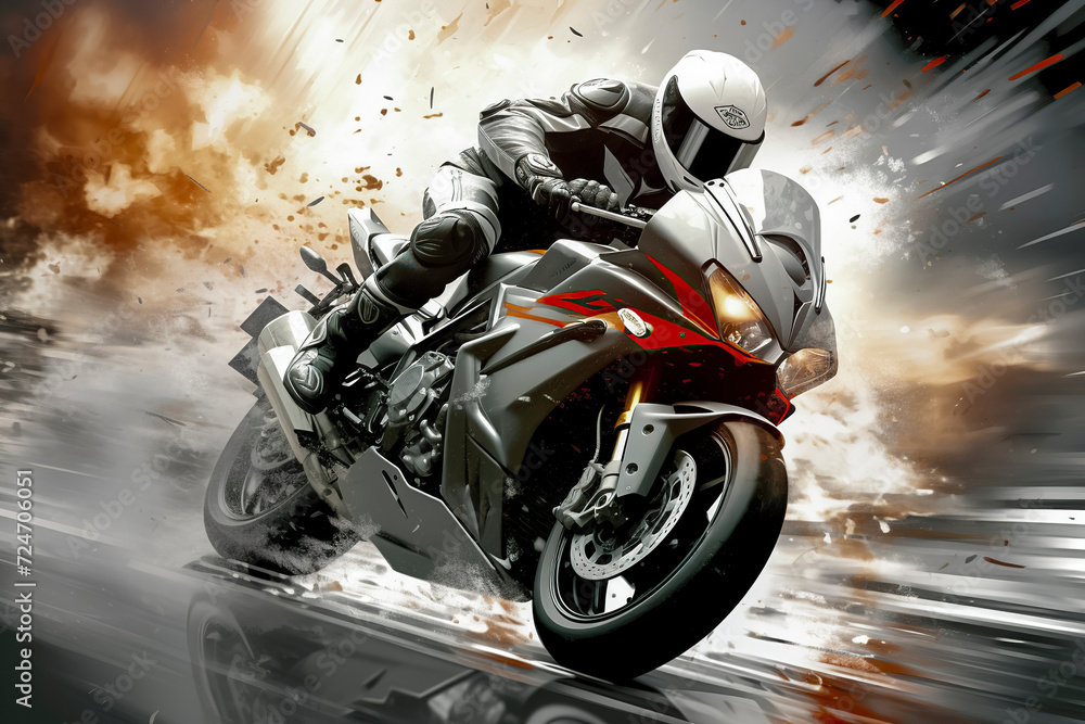 a motorcyclist riding a sporty motorcycle at high speed, with an explosive background emphasizing motion and intensity. The overall mood is intense and dramatic, ai generative