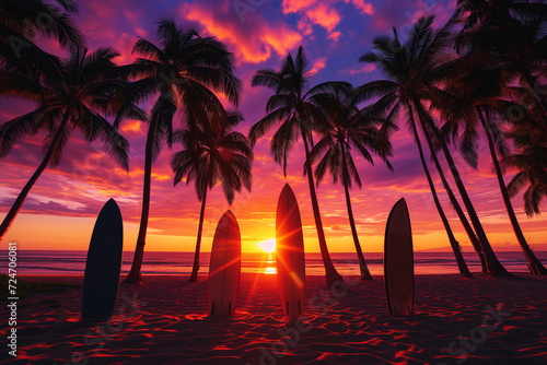 Tropical Beach Sunset with Palm Trees and Surfboards