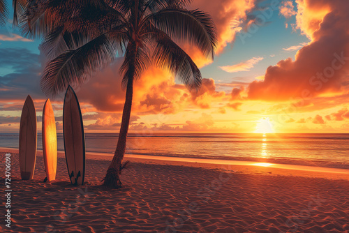 Tropical Beach Sunset with Palm Trees and Surfboards