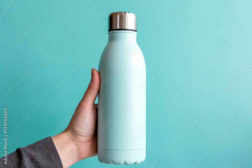 Close-up of female hand, holding white reusable steel stainless eco thermo water bottle with mockup, isolated on background of cyan, aqua menthe color. Be plastic free. Zero waste. Close-up of female hand, holding white reusable steel stainless eco thermo water bottle with mockup, isolated on background of cyan, aqua menthe color. Be plastic free. Zero waste.