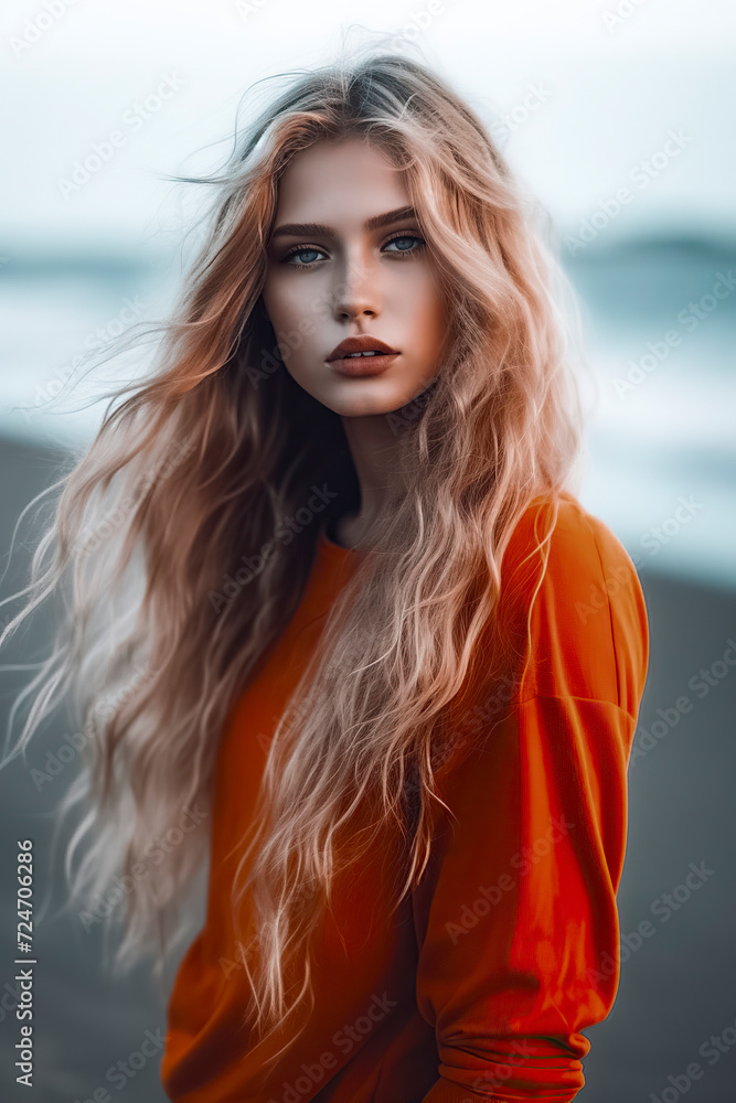 blonde woman with long, wavy hair in an orange top stands near a beach, set against a serene coastal backdrop, ai generative