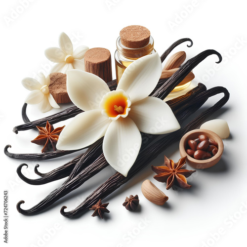 spice vanilla flower and sticks on white background photo