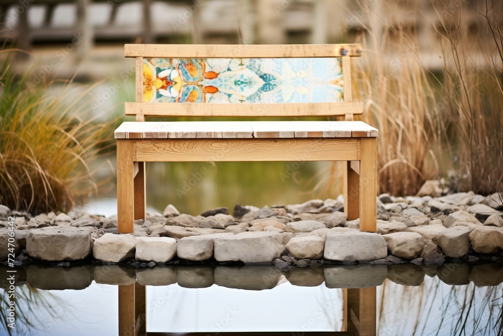 Obraz premium a wooden bench at the edge of a pond showing reflections